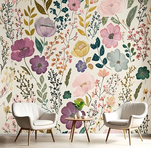 Fototapete 3D Effekt Landschaft Blumen Tapete Handgezeichnete Wildblumen Tapeten Vliestapete Modern Wandtapete Wohnzimmer Wanddeko Motivtapeten 150×105cm(W×H) von ANALTIRCE