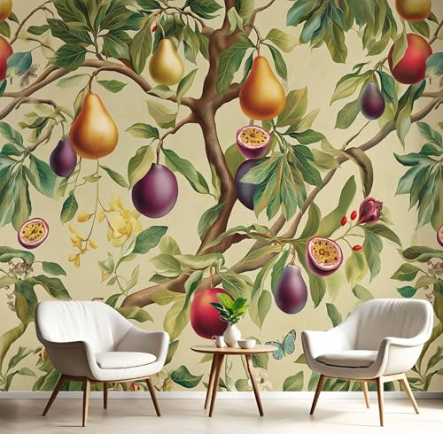 Fototapete 3D Effekt Retro Obst Tapete Weinrebe Birne Passionsfrucht Tapeten Vliestapete Modern Wandtapete Wohnzimmer Wanddeko Motivtapeten 150×105cm(W×H) von ANALTIRCE