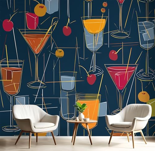 Fototapete 3D Effekt Retro Streifen Weinglas Tapete Geometrie Cocktail Tapeten Vliestapete Modern Wandtapete Wohnzimmer Wanddeko Motivtapeten 375×270cm(W×H) von ANALTIRCE