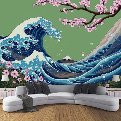 Fototapete 3D Effekt Riesige Wellen Dekoration Wandbild, Surfen Pflaumenblüten Blumen Vlies Tapete 150×105cm(W×H) Wandtapeten,220g/m2 Fototapete Moderne Panorama Wanddeko Grün von ANALTIRCE