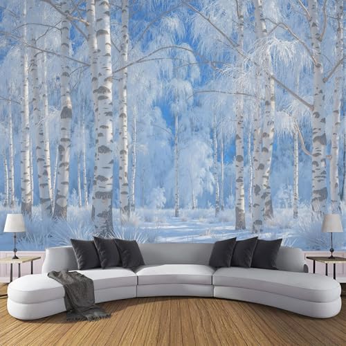 Fototapete 3D Effekt Schneeflocken Pflanzen Tapete Winterlicher Birkenwald Tapeten Vliestapete Modern Wandtapete Wohnzimmer Wanddeko Motivtapeten 150×105cm(W×H) von ANALTIRCE