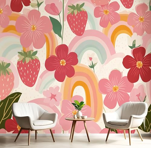 Fototapete 3D Effekt Süß Erdbeere Regenbogen Dekoration Wandbild, Landschaft Blumen Früchte Vlies Tapete 150×105cm(W×H) Wandtapeten,220g/m2 Fototapete Moderne Panorama Wanddeko Rosa von ANALTIRCE