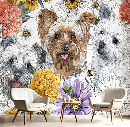 Fototapete 3D Effekt Süß Tiere Blumen Tapete Abstrakter Yorkshire Terrier Tapeten Vliestapete Modern Wandtapete Wohnzimmer Wanddeko Motivtapeten 150×105cm(W×H) von ANALTIRCE