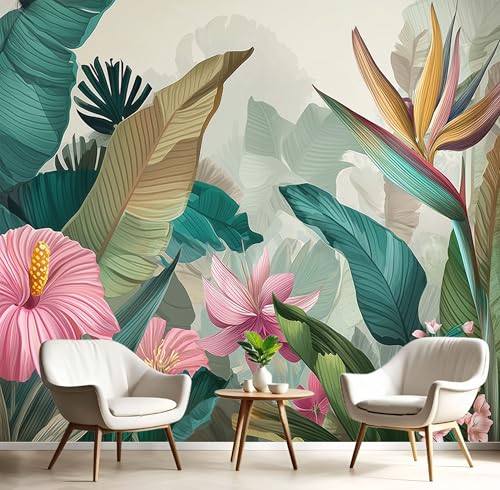 Fototapete 3D Effekt Tropische Bananenblätter Dekoration Wandbild, Kolibris Blumen Pflanzen Vlies Tapete 150×105cm(W×H) Wandtapeten,220g/m2 Fototapete Moderne Panorama Wanddeko Grün von ANALTIRCE