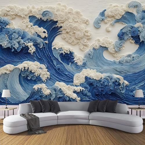 Fototapete Abstrakt Meereswellen Textur 200×140cm(W×H) Tapete Wandbild Wandbild Japan Wellen Bild Fototapeten XL Tapeten Wandtapete Blau Wand Schlafzimmer Wohnzimmer Moderne Vliestapete von ANALTIRCE