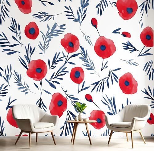 Fototapete Aquarell Mohnblumen 150×105cm(W×H) Vlies Tapeten Minimalismus Streifen Blumen Muster 3D Tapete Wanddeko, Moderne Wandtapete Wohnzimmer Schlafzimmer von ANALTIRCE