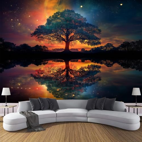 Fototapete Baum Spiegelung See 150×105cm(W×H) Vlies Tapeten Psychedelischer Muster 3D Tapete Wanddeko, Moderne Wandtapete Wohnzimmer Schlafzimmer von ANALTIRCE