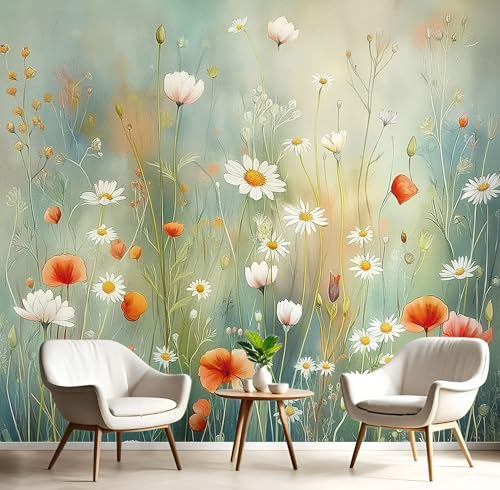 Fototapete Blühende Wildblumen 150×105cm(W×H) Tapete Wandbild Wandbild Gänseblümchen Mohnblumen Bild Fototapeten Tapeten Wandtapete Grün Wand Schlafzimmer Wohnzimmer Moderne Vliestapete von ANALTIRCE