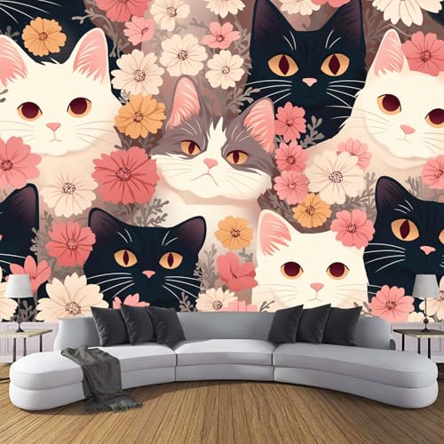 Fototapete Blumen Katzen 150×105cm(W×H) Vlies Tapeten Handgezeichnete Tiere Muster 3D Tapete Wanddeko, Moderne Wandtapete Wohnzimmer Schlafzimmer von ANALTIRCE