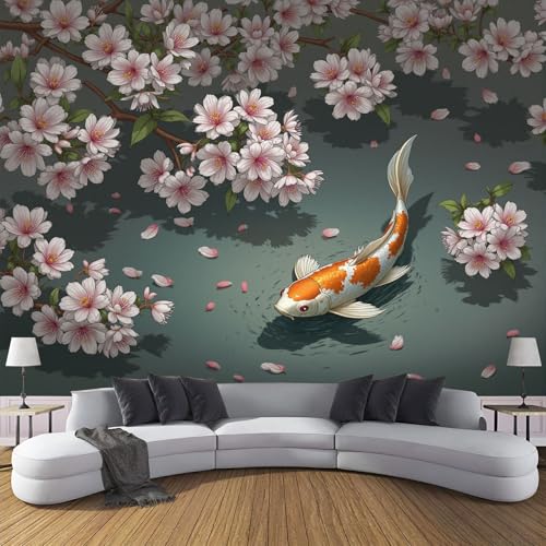 Fototapete Cartoon Koi 450×300cm(W×H) Vlies Tapeten China Tuschemalerei Kirschblüten Muster 3D Tapete Wanddeko, XXL Moderne Wandtapete Wohnzimmer Schlafzimmer von ANALTIRCE