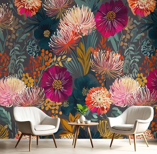 Fototapete Chrysantheme Anemone 450×300cm(W×H) Vlies Tapeten Burgunderrot Blütenblätter Muster 3D Tapete Wanddeko, XXL Moderne Wandtapete Wohnzimmer Schlafzimmer von ANALTIRCE