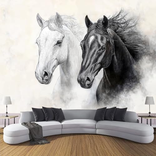 Fototapete Einfach Schwarz Weiß Pferd 150×105cm(W×H) Vlies Tapeten Abstrakt Tier Muster 3D Tapete Wanddeko, Moderne Wandtapete Wohnzimmer Schlafzimmer von ANALTIRCE
