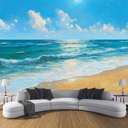 Fototapete Goldener Strand Und Meer 375×270cm(W×H) Tapete Wandbild Wandbild Seestück Ölgemälde Bild Fototapeten XXL Tapeten Wandtapete Blau Wand Schlafzimmer Wohnzimmer Moderne Vliestapete von ANALTIRCE