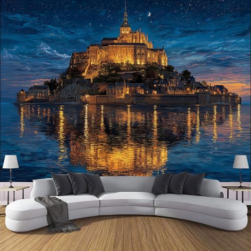 Fototapete Insel Schloss 200×140cm(W×H) Tapete Wandbild Wandbild Nachthimmel Ölgemälde Bild Fototapeten XL Tapeten Wandtapete Blau Wand Schlafzimmer Wohnzimmer Moderne Vliestapete von ANALTIRCE