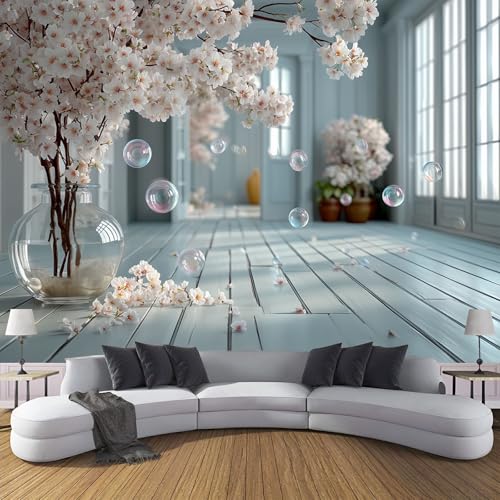 Fototapete Kirschblüten Pflanzen 150×105cm(W×H) Vlies Tapeten Holzmaserung Muster 3D Tapete Wanddeko, Moderne Wandtapete Wohnzimmer Schlafzimmer von ANALTIRCE
