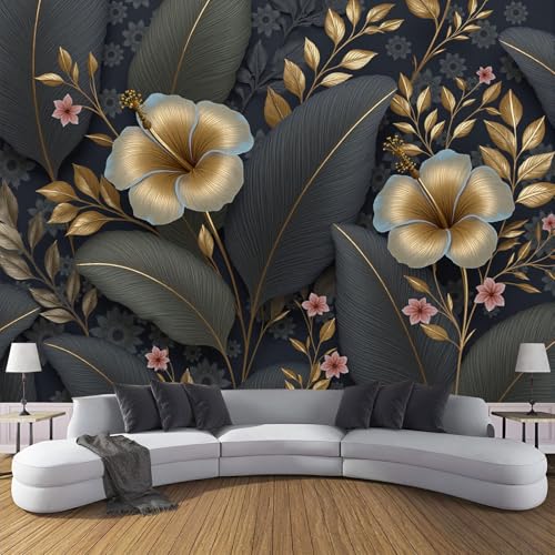 Fototapete Luxus Hibiskus Motivtapeten Tapete Tropische Bananenblätter Tapeten Vliestapete Modern Wandtapete Wohnzimmer Schlafzimmer Tapete Wanddeko 200×140cm(W×H) von ANALTIRCE