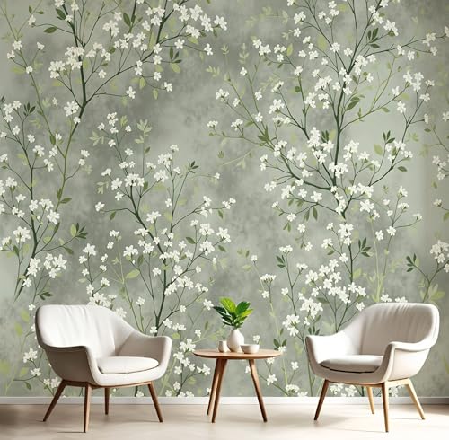 Fototapete Marmor Blumen 450×300cm(W×H) Vlies Tapeten Aquarell Blütenblätter Zweige Muster 3D Tapete Wanddeko, XXL Moderne Wandtapete Wohnzimmer Schlafzimmer von ANALTIRCE