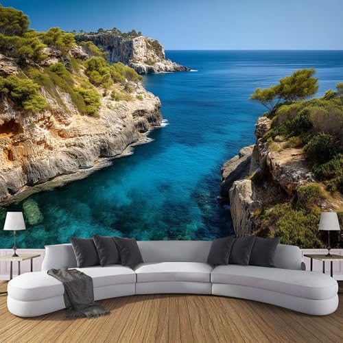 Fototapete Meerblick Klippe 450×300cm(W×H) Vlies Tapeten Meerwasser Natur Inseln Muster 3D Tapete Wanddeko, XXL Moderne Wandtapete Wohnzimmer Schlafzimmer von ANALTIRCE