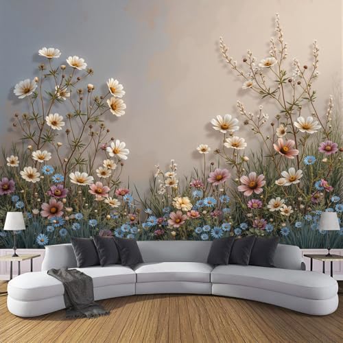Fototapete Natur Wildblumen 200×140cm(W×H) Vlies Tapeten Handgezeichnete Blumen Muster 3D Tapete Wanddeko, XL Moderne Wandtapete Wohnzimmer Schlafzimmer von ANALTIRCE