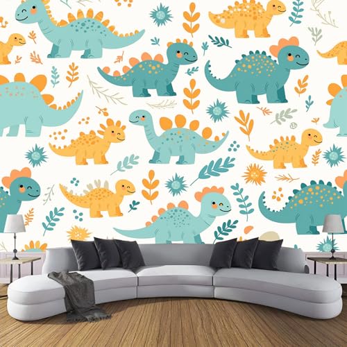 Fototapete Niedlicher Dinosaurier 150×105cm(W×H) Vlies Tapeten Handgezeichnet Blumen Muster 3D Tapete Wanddeko, Moderne Wandtapete Wohnzimmer Schlafzimmer von ANALTIRCE