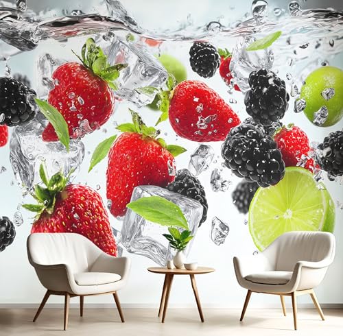 Fototapete Obst Eiswürfel 300×210cm(W×H) Vlies Tapeten Erdbeere Zitrone Muster 3D Tapete Wanddeko, XXL Moderne Wandtapete Wohnzimmer Schlafzimmer von ANALTIRCE