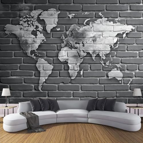 Fototapete Retro-Weltkarte Motivtapeten Tapete Landschaft Ziegelmauer Tapeten Vliestapete Modern Wandtapete Wohnzimmer Schlafzimmer Tapete Wanddeko 450×300cm(W×H) von ANALTIRCE