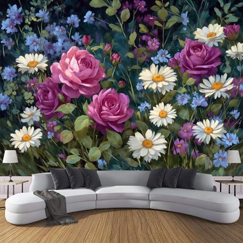 Fototapete Rosen Gänseblümchen 350×256cm(W×H) Vlies Tapeten Handgezeichnete Blumen Muster 3D Tapete Wanddeko, XXL Moderne Wandtapete Wohnzimmer Schlafzimmer von ANALTIRCE