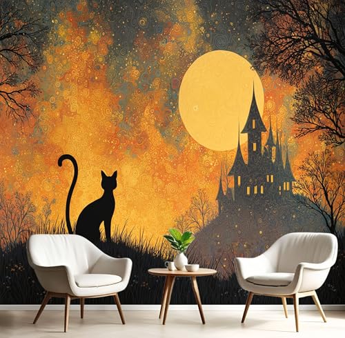 Fototapete Schwarze Katze Schloss 350×256cm(W×H) Vlies Tapeten Halloween Vollmond Muster 3D Tapete Wanddeko, XXL Moderne Wandtapete Wohnzimmer Schlafzimmer von ANALTIRCE