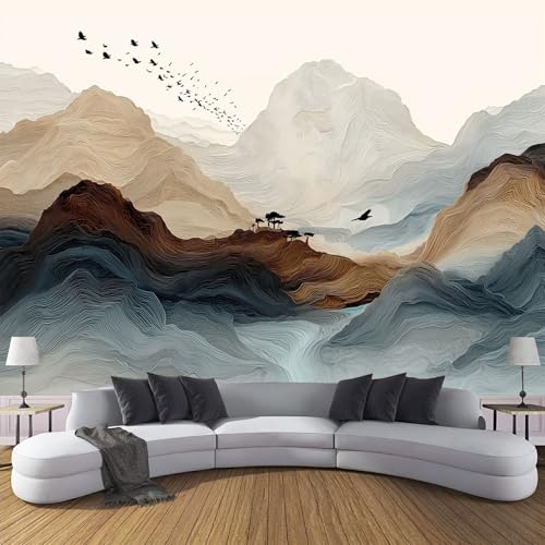 Fototapete Vlies Abstrakte Streifen Berge Moderne Wanddekoration,300×210cm(W×H) Premium Kunstdruck Tapete,Chinesischer Tuschemalerei XXL Tv-Hintergrundwand Für Schlafzimmer,Wohnzimmer,Kinderzimme von ANALTIRCE