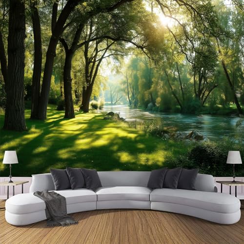 Fototapete Wald Blätter 3D 350×256cm(W×H),Natur Fluss Tapete Fototapeten, Schlafzimmer Wohnzimmer, Grün Vlies Tapeten Wandtapete, XXL Wandbild Wand Deko von ANALTIRCE