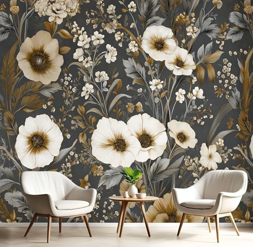 Fototapete Weiß Blütenblätter Dschungel 250×175cm(W×H) Vlies Tapeten Wildblumen Pflanzen Muster 3D Tapete Wanddeko, XL Moderne Wandtapete Wohnzimmer Schlafzimmer von ANALTIRCE