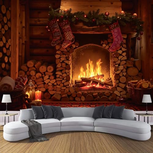 Kamin Holz Weihnachten Vlies Fototapete Wohnzimmer 450×300cm(W×H), Klassisch Flamme Tapete Wanddeko Wandtapete Wallpaper Dekoration, Schlafzimmer Restaurant Cafe Büro Flur von ANALTIRCE