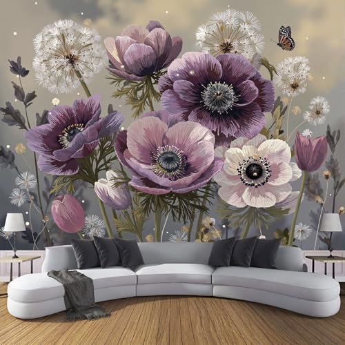 Tapete Kinderzimmer Anemonen Tulpen Fototapete Wohnzimmer, Retro Geblümt Vliestapete Küche, Wand Deko Tapeten, 400×280cm(W×H) Wandverkleidung Grau XXL Wandtapete Schlafzimmer von ANALTIRCE
