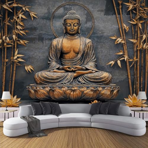 Tapete Kinderzimmer Buddha-Statue Bambus Lotus Fototapete Wohnzimmer, Zen Skulptur Pflanzen Vliestapete Küche, Wand Deko Tapeten, 400×280cm(W×H) Wandverkleidung Grau XXL Wandtapete Schlafzimmer von ANALTIRCE