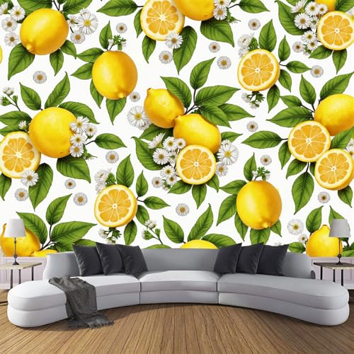 Tapete Kinderzimmer Handgezeichnete Zitrone Fototapete Wohnzimmer, Einfach Obst Blumen Vliestapete Küche, Wand Deko Tapeten, 250×175cm(W×H) Wandverkleidung Weiß XL Wandtapete Schlafzimmer von ANALTIRCE