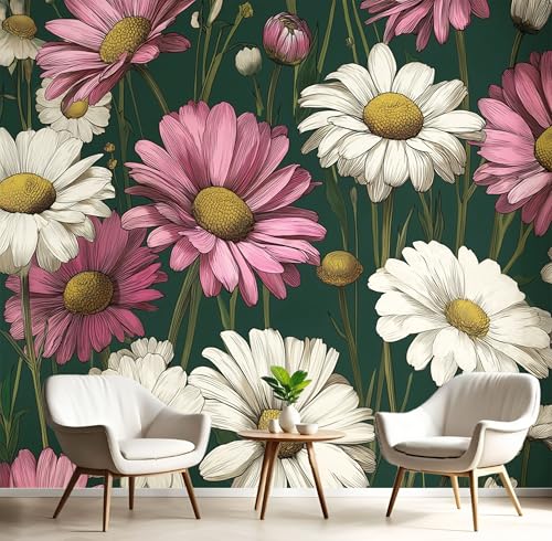 Vlies Fototapete Abstraktes Gänseblümchen 3D Effekt 300×210cm(W×H) Foto Tapete Schlafzimmer Wohnzimmer Moderne Vliestapete XXL Wandtapete Motivtapeten 3d Feld Retro Blumen Dekoration Dunkelgrün von ANALTIRCE