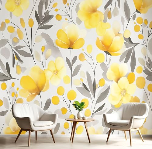 Vlies Fototapete Aquarell Blütenblätter Blätter 3D Effekt 375×270cm(W×H) Foto Tapete Schlafzimmer Wohnzimmer Moderne Vliestapete XXL Wandtapete Motivtapeten 3d Böhmisch Geblümt Dekoration Grau von ANALTIRCE