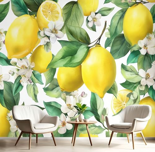 Vlies Fototapete Aquarell Zitrone 3D Effekt 400×280cm(W×H) Foto Tapete Schlafzimmer Wohnzimmer Moderne Vliestapete XXL Wandtapete Motivtapeten 3d Frisch Blumen Blätter Dekoration Weiß von ANALTIRCE