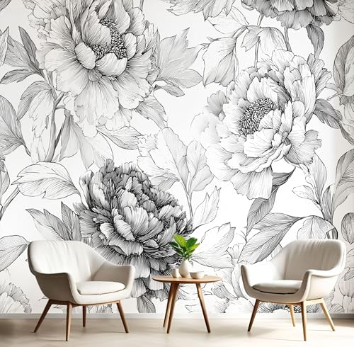 Vlies Fototapete Einfach Pfingstrose 3D Effekt 350×256cm(W×H) Foto Tapete Schlafzimmer Wohnzimmer Moderne Vliestapete XXL Wandtapete Motivtapeten 3d Streifen Blumen Pflanzen Dekoration Grau von ANALTIRCE
