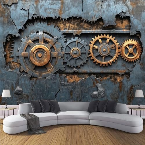 Vlies Fototapete Metallwand Mit Zahnrad-Logo 3D Effekt 375×270cm(W×H) Foto Tapete Schlafzimmer Wohnzimmer Moderne Vliestapete XXL Wandtapete Motivtapeten 3d Steampunk Industrial Dekoration Grau von ANALTIRCE