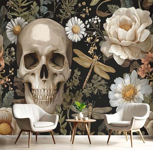 Vlies Fototapete Retro Pflanzen Blumen 3D Effekt 150×105cm(W×H) Foto Tapete Schlafzimmer Wohnzimmer Moderne Vliestapete Wandtapete Motivtapeten 3d Gotischer Totenkopf Dekoration Schwarz von ANALTIRCE