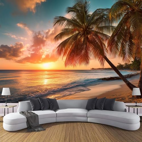 Vlies Fototapete Sonnenaufgang Am Meer 3D Effekt 200×140cm(W×H) Foto Tapete Schlafzimmer Wohnzimmer Moderne Vliestapete XL Wandtapete Motivtapeten 3d Sonnenuntergang Palmen Dekoration Orange von ANALTIRCE