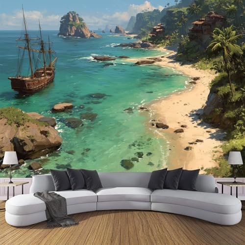 Vlies Fototapete Strand Holzboot 3D Effekt 300×210cm(W×H) Foto Tapete Schlafzimmer Wohnzimmer Moderne Vliestapete XXL Wandtapete Motivtapeten 3d Natur Insel Dekoration Grün von ANALTIRCE