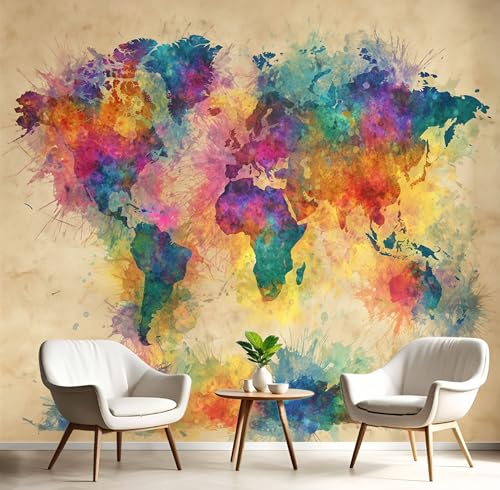 Vlies Fototapete Tuschemalerei Weltkarte 3D Effekt 200×140cm(W×H) Foto Tapete Schlafzimmer Wohnzimmer Moderne Vliestapete XL Wandtapete Motivtapeten 3d Graffiti Teppich Dekoration Gelb von ANALTIRCE