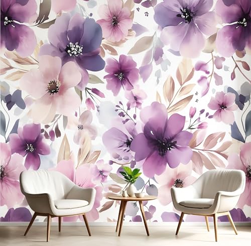 Vlies Fototapete Verträumt Blumen 3D Effekt 150×105cm(W×H) Foto Tapete Schlafzimmer Wohnzimmer Moderne Vliestapete Wandtapete Motivtapeten 3d Pastoral Aquarell Blumen Dekoration Lila von ANALTIRCE