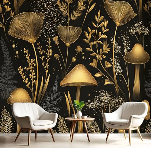 Wandtapete Luxuriöser Goldener Pilz Fototapeten 150×105cm(W×H) fototapete Wald Pflanzen Vlies wand wandbild 3D modern ohne Klebstoffrückseite, ideal für Wohnzimmerwand von ANALTIRCE