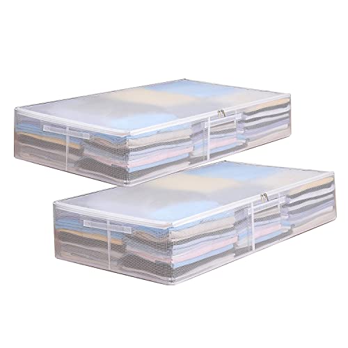 ANAMPION 2 Stück Faltbare Unterbett-Aufbewahrungstaschen, Weiß Transparent Unterbett Aufbewahrungsbox Mit Sichtfenster Faltbarer Organizer, Unter Dem Bett Oder auf Dem Schrank 50 x 40 x 15 CM von ANAMPION