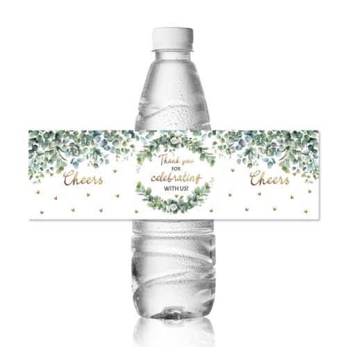 ANATTASOUL 30 Stück Wasserflaschenetiketten Wasserdichte Etiketten 21.6x6.4 cm Großes Flaschenetikett “Eukalyptusblätter und -blüten” Selbstklebende Aufkleber Für Geburtstagsparty Dekorationen von ANATTASOUL