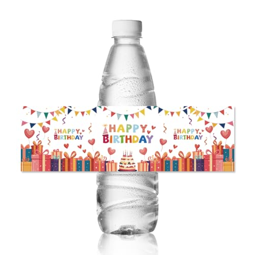 ANATTASOUL 30 Stück Wasserflaschenetiketten Wasserdichte Etiketten 21.6x6.4 cm Großes Flaschenetikett “Geburtstag mit Herzballon” Selbstklebende Aufkleber Für Geburtstagsparty Dekorationen von ANATTASOUL