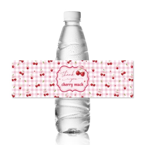 ANATTASOUL 30 Stück Wasserflaschenetiketten Wasserdichte Etiketten 21.6x6.4 cm Großes Flaschenetikett “Kirsche und Schleife” Selbstklebende Aufkleber Für Geburtstagsparty Dekorationen von ANATTASOUL